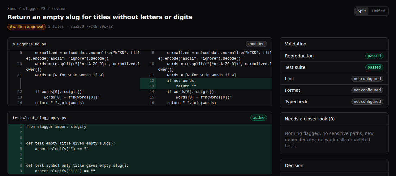 Review screen showing a diff that adds an empty-words check to slugify, a new test file, and validation results with the reproduction test and test suite both passed